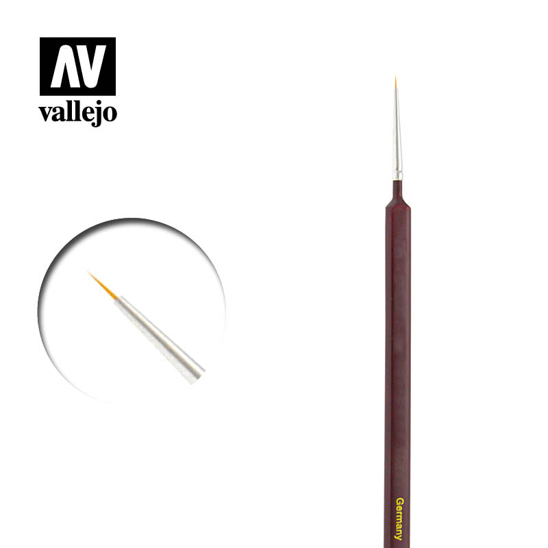 Vallejo fine detail synthetic paint brush with a pointed tip and brown handle
