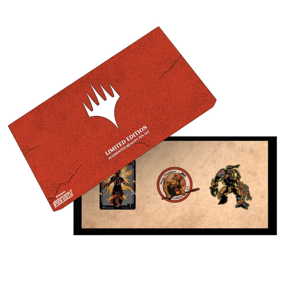 A red box with a white symbol and text Limited Edition Augmented Reality Pin Set, open to show a dark card and two character pins