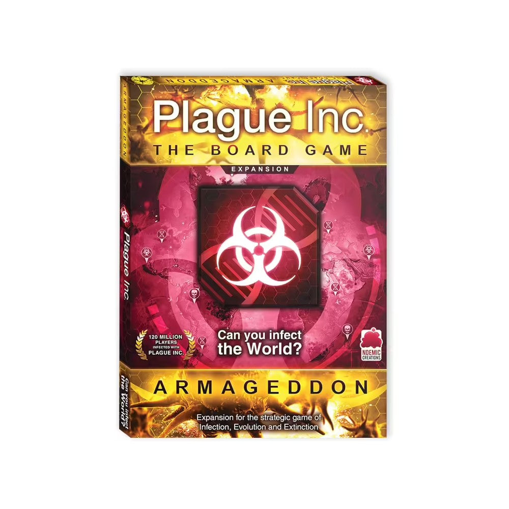 Plague Inc. The Board Game: Armageddon Expansion box. Red background with a white biohazard symbol; hints at global infection