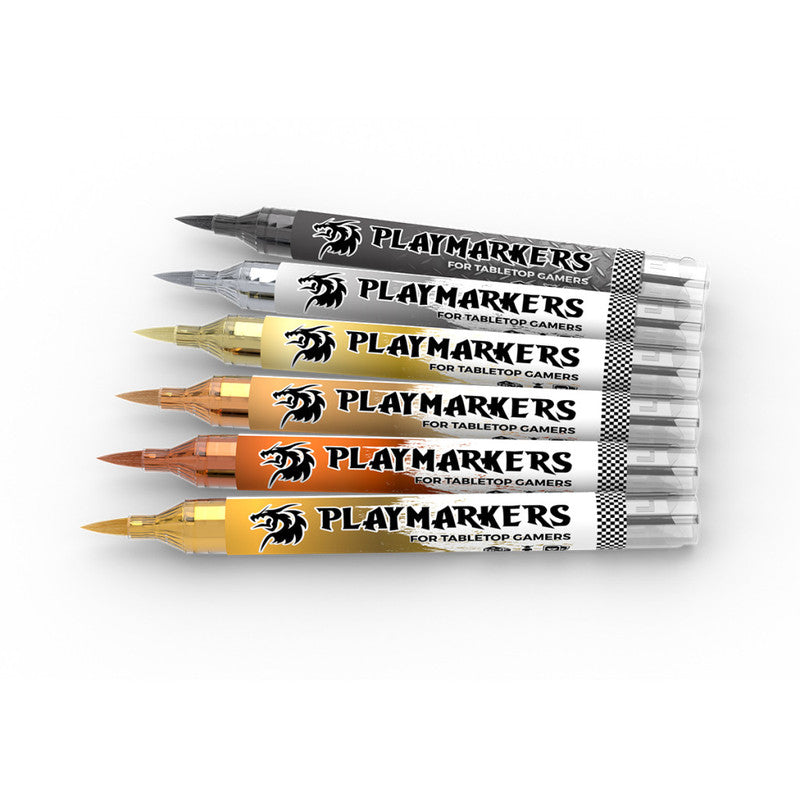 Six metallic Playmarkers for tabletop gaming displayed diagonally. Colors include black, silver, gold, and bronze