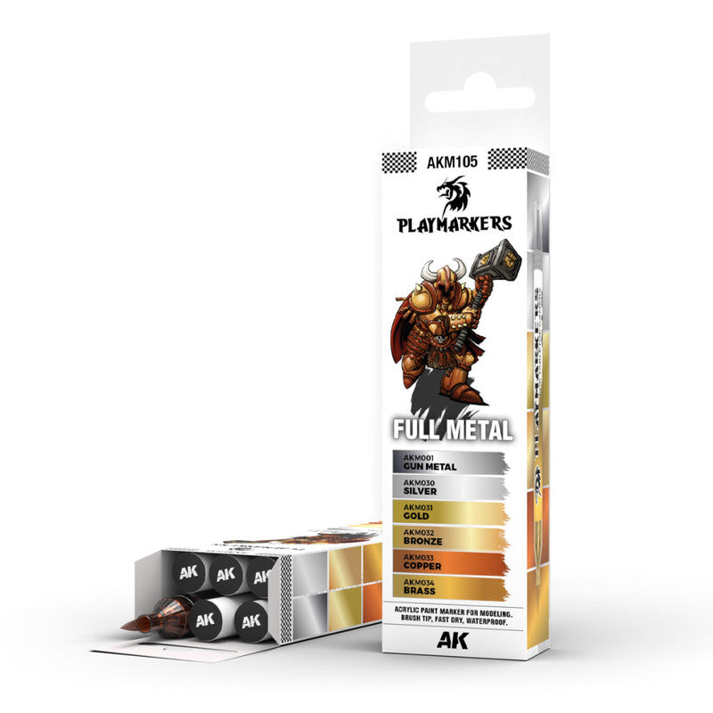 AK Playmakers FULL METAL metallic acrylic paint marker set (6 colors) in an open box