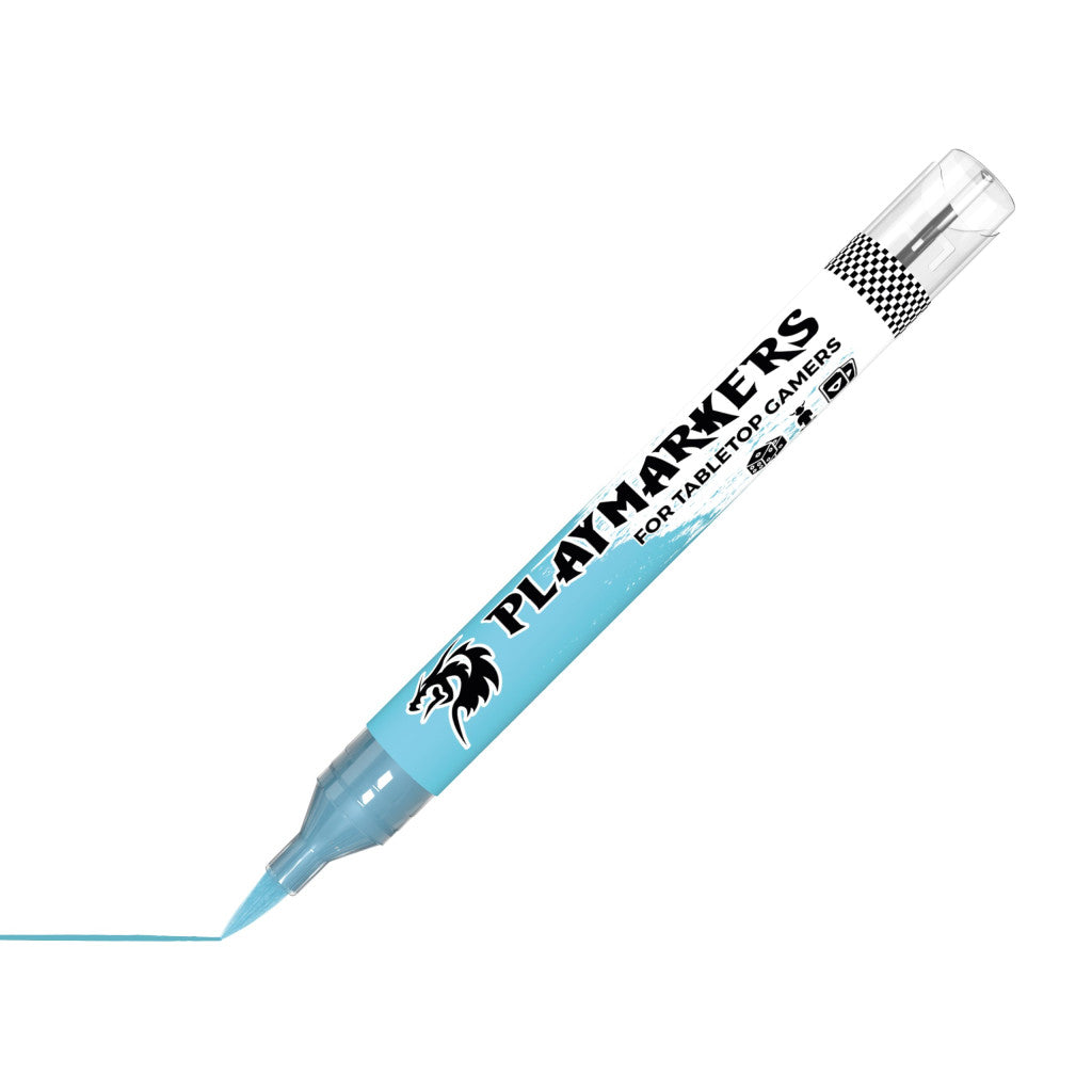 AK Interactive Sky Blue Playmarkers marker for tabletop gamers drawing a thin sky blue line on a white surface