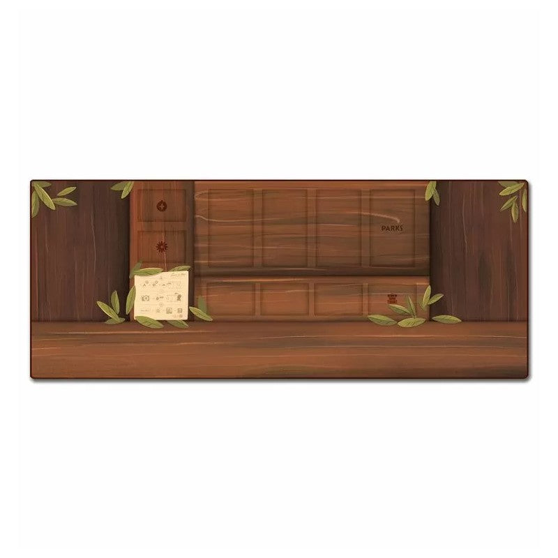 Parks board game mat featuring a detailed wooden wall design, scattered green leaves and a paper with symbols