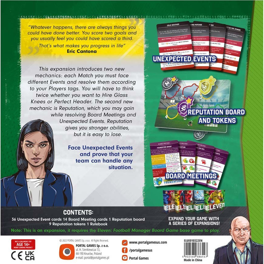 Back of the Eleven: Unexpected Events box showing game components, sample cards, and feature highlights with Polish and English text descriptions