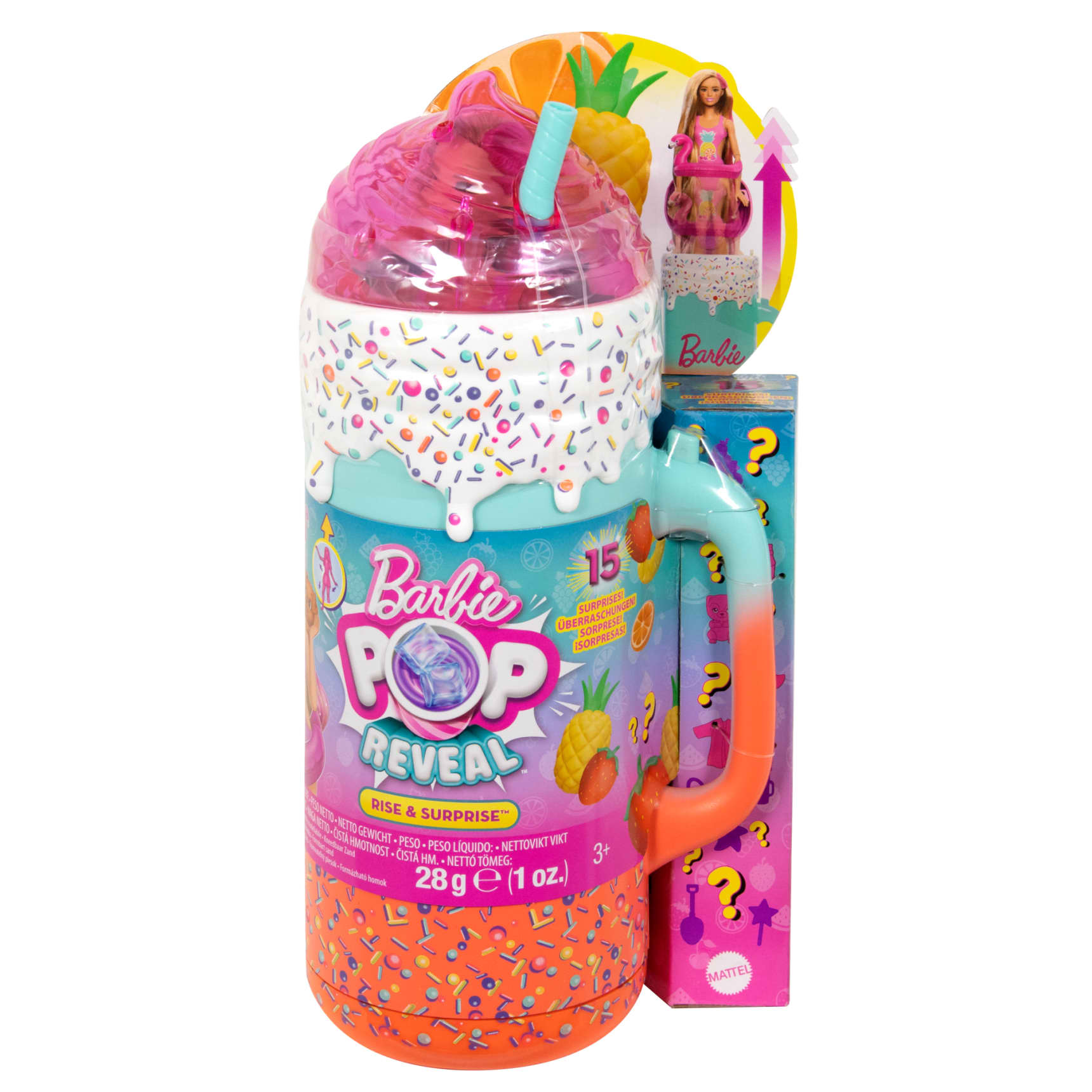 Barbie Pop Reveal toy: a colourful, sprinkle-covered drink cup with a Barbie doll emerging