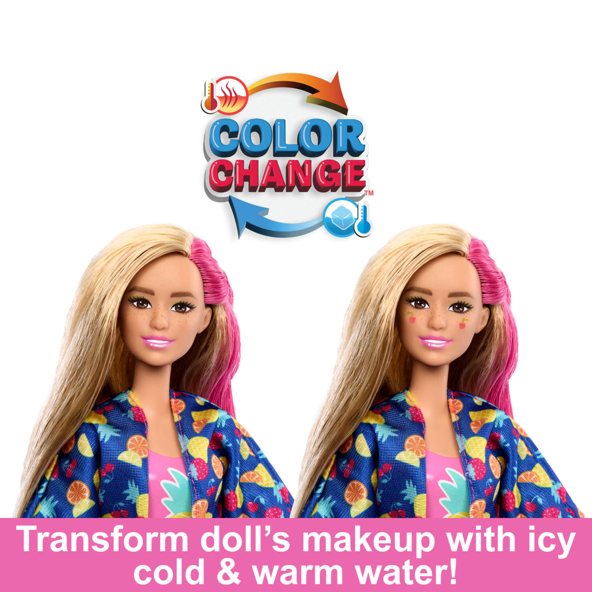Doll displays colour-changing makeup from freckles to fruit designs, activated by temperature