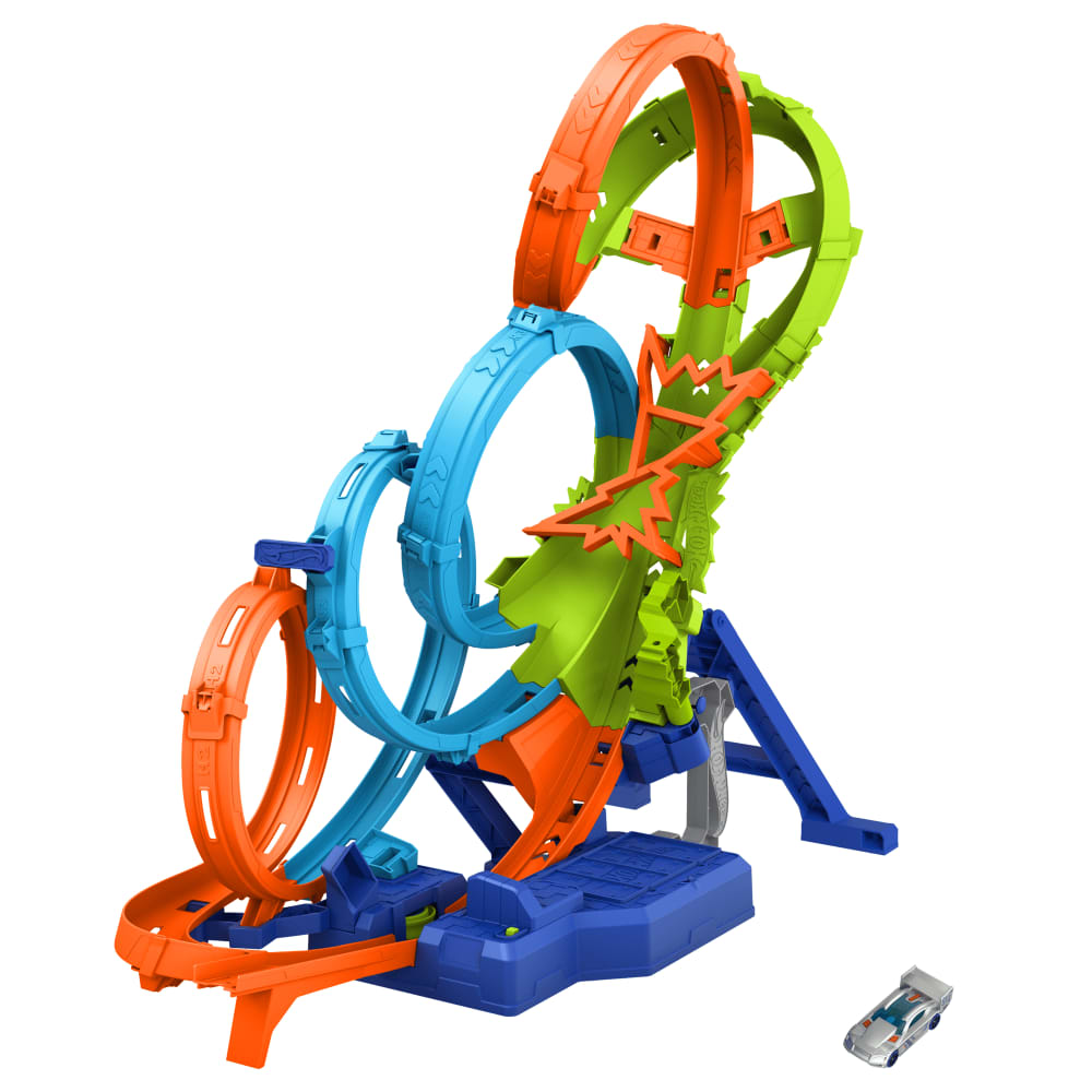 Colorful Hot Wheels stunt track with multiple loops, ramps, and a small silver toy car