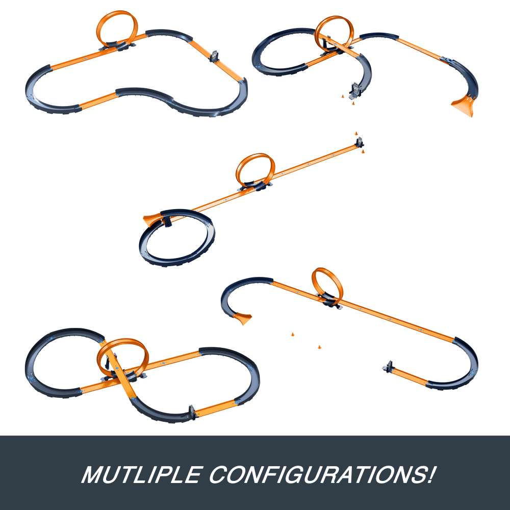 Multiple configurations of an orange and black Hot Wheels track set with loops and curves
