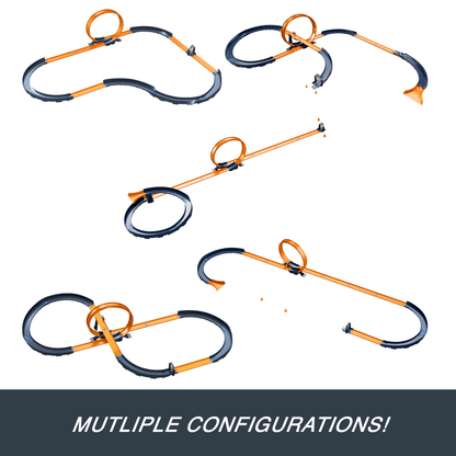 Multiple configurations of an orange and black Hot Wheels track set with loops and curves