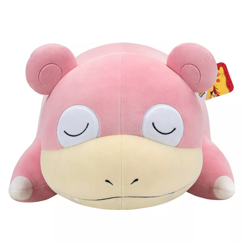 Pink Slowpoke Pokemon plush toy resting with closed eyes on a white background