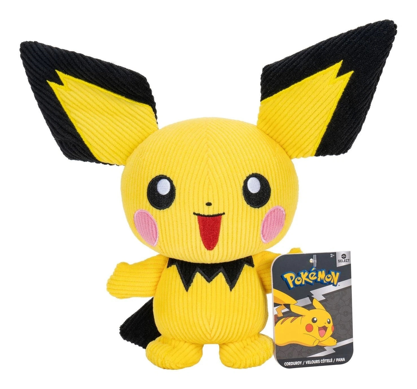 Yellow corduroy Pichu Pokemon plush toy with large black ears and an attached sales tag