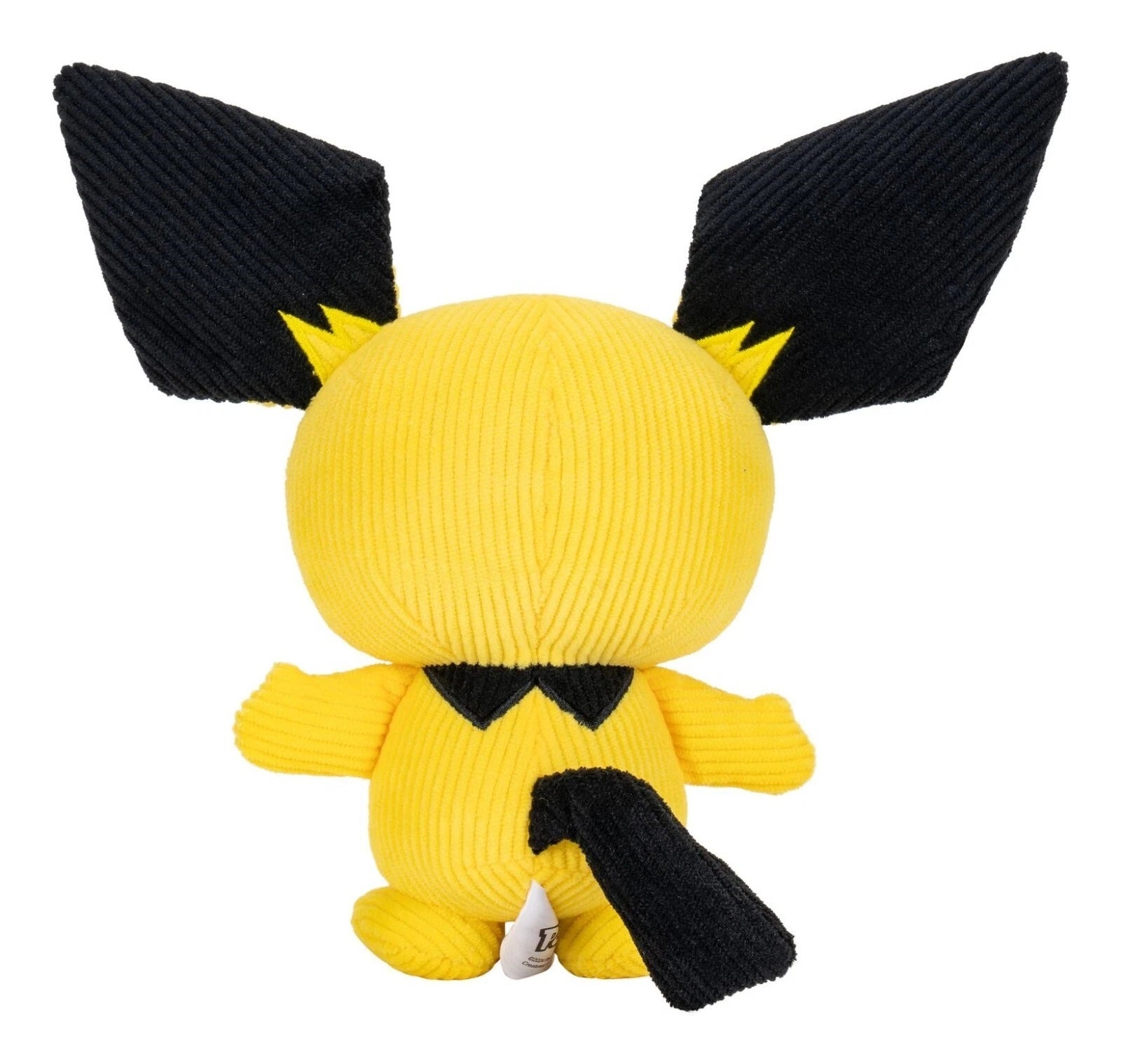 Rear view of a yellow corduroy Pichu plush toy featuring black pointy ears, collar and tail
