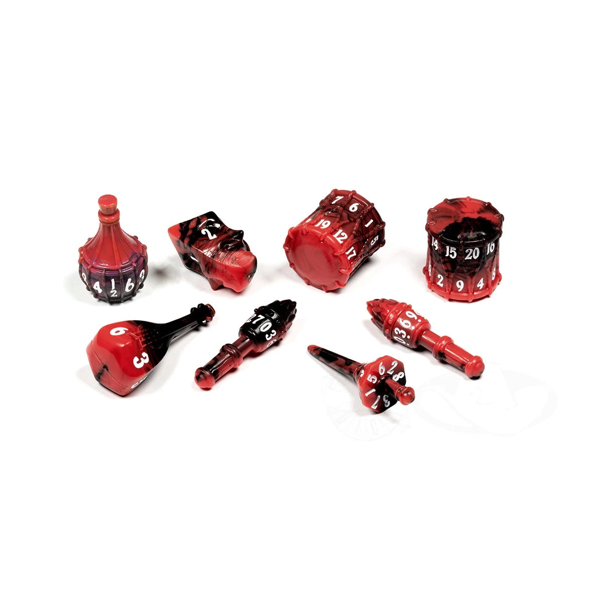 A set of eight uniquely shaped red and black marbled dice, including bottles, barrels, and hammers