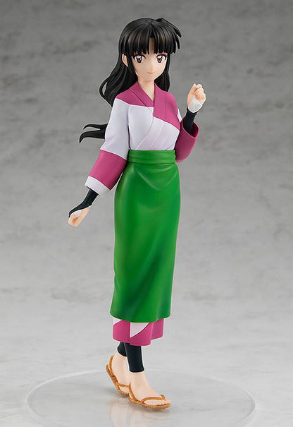 InuYasha Pop Up Parade Sango figure with long black hair in a purple and white robe and green skirt standing on a clear base