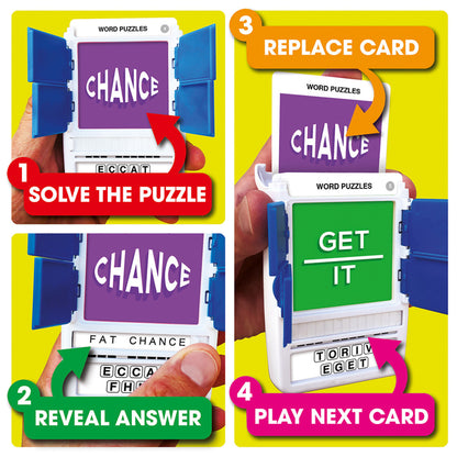 Instructions for playing a Word Puzzles game showing steps 1-4 with a purple card labeled CHANCE and a green card labeled GET IT