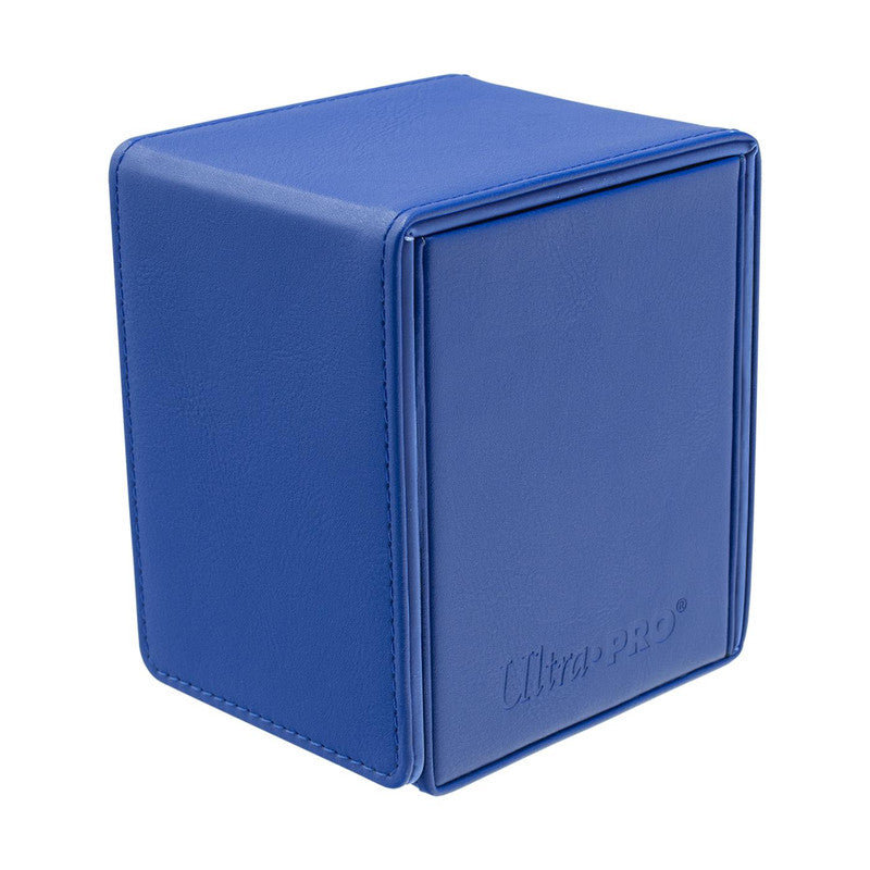 Blue leatherette deck box for trading cards, with stitched edges and &quot;Ultra PRO&quot; embossed on the front