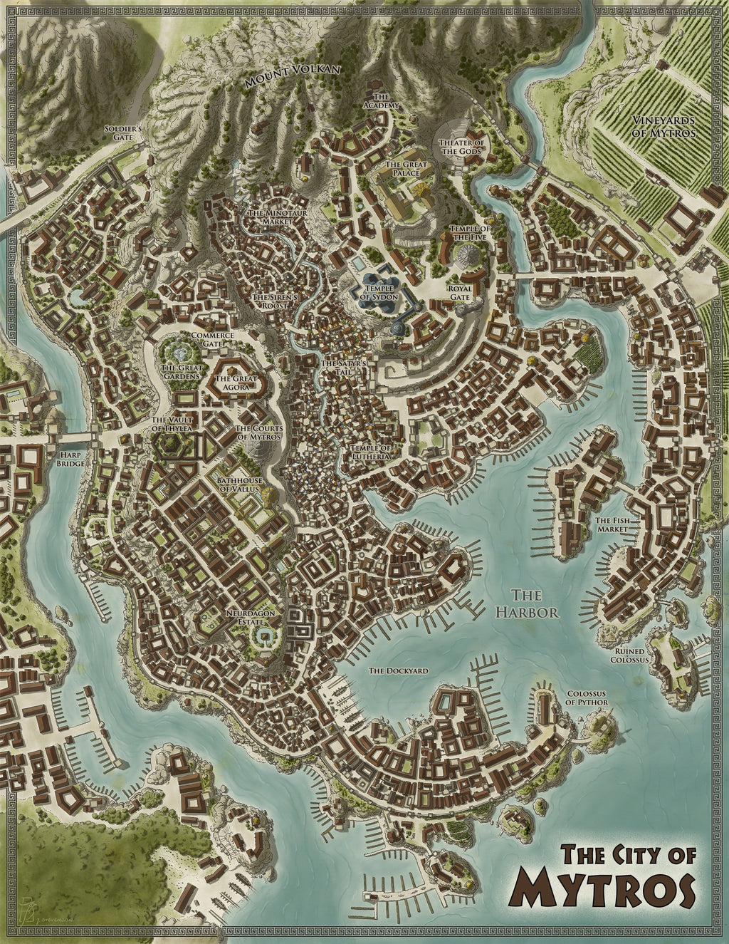 Detailed fantasy map of The City of Myrtos, showing its vast harbor, dense buildings, Mount Volkan, and labeled landmarks