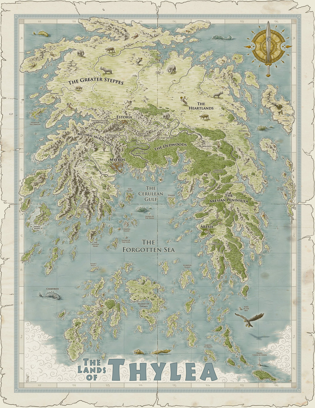 A detailed fantasy map of "The Lands of Thylea," featuring diverse landscapes, labeled regions, mythical creatures, and a sword compass