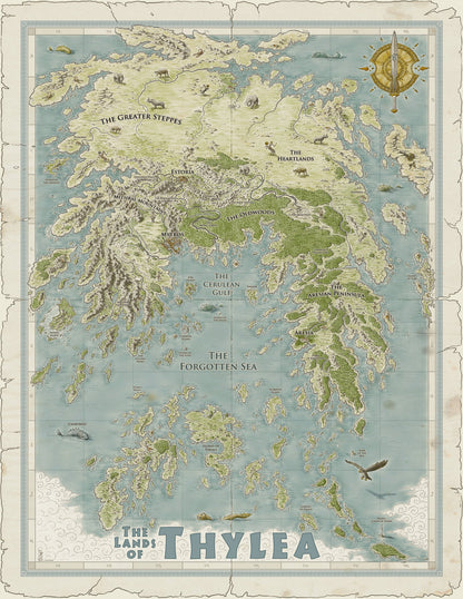 A detailed fantasy map of "The Lands of Thylea," featuring diverse landscapes, labeled regions, mythical creatures, and a sword compass