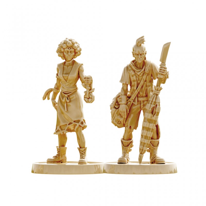 Unpainted miniatures: A woman with a third eye holding keys, and a mohawked man with a bladed staff.