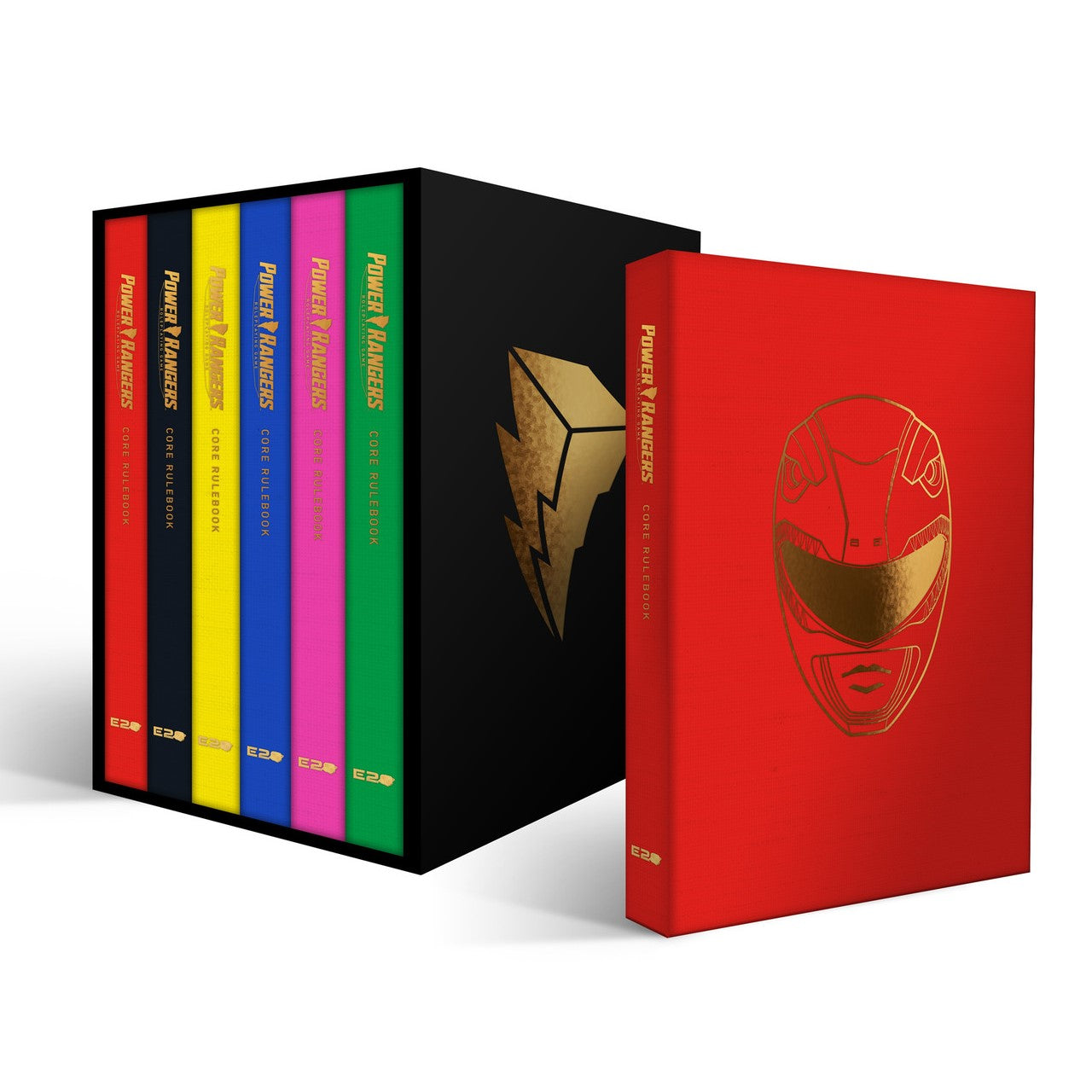 Colourful Power Rangers Core Rulebooks in black slipcase with gold logos. One red book with a gold helmet is pulled out.