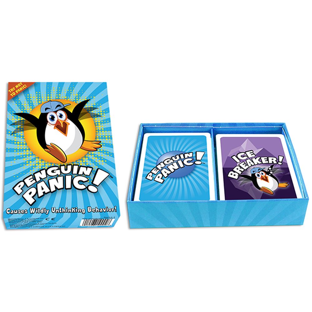 Penguin Panic card game box and cards displayed, featuring a frantic cartoon penguin