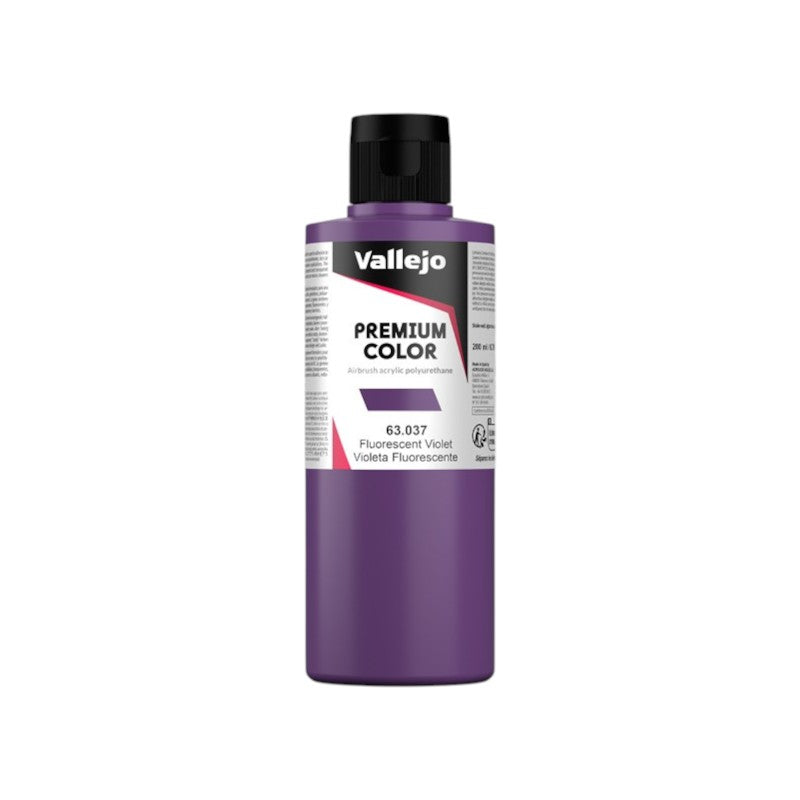 A 200ml bottle of Vallejo Premium Color Fluorescent Violet airbrush paint on a white background