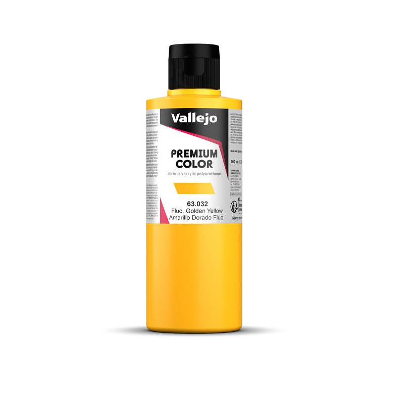 Yellow Vallejo Premium Colour airbrush paint bottle, "Fluo. Golden Yellow"