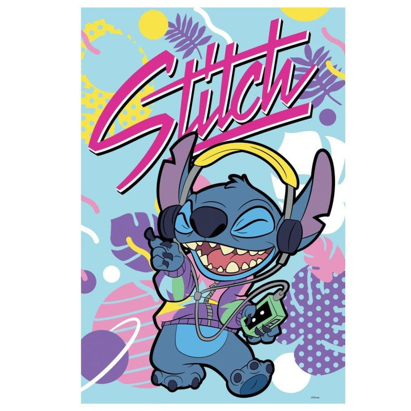 Disney Stitch 200 piece jigsaw puzzle features Stich listening to music on a Walkman with a vibrant background.