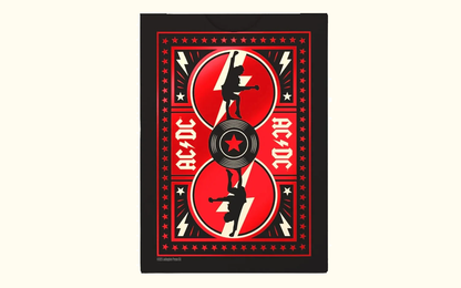AC/DC playing card tuck box design, black and red, featuring mirrored silhouettes of a guitarist standing on a vinyl record