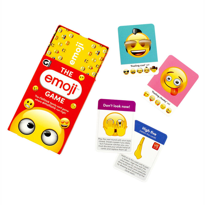 Red box and several game cards for The Emoji Game family card game