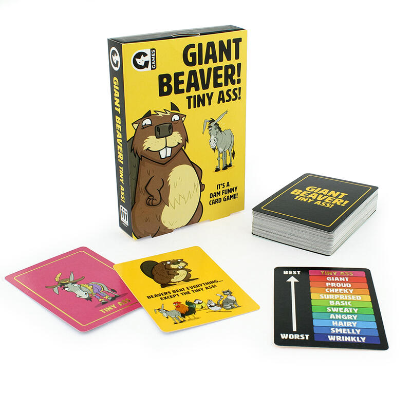Giant Beaver! Tiny Ass! game box and components including staked cards