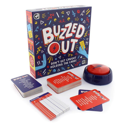 A "Buzzed Out" board game set including the box, a red buzzer, blue and red game cards, and a scorecard