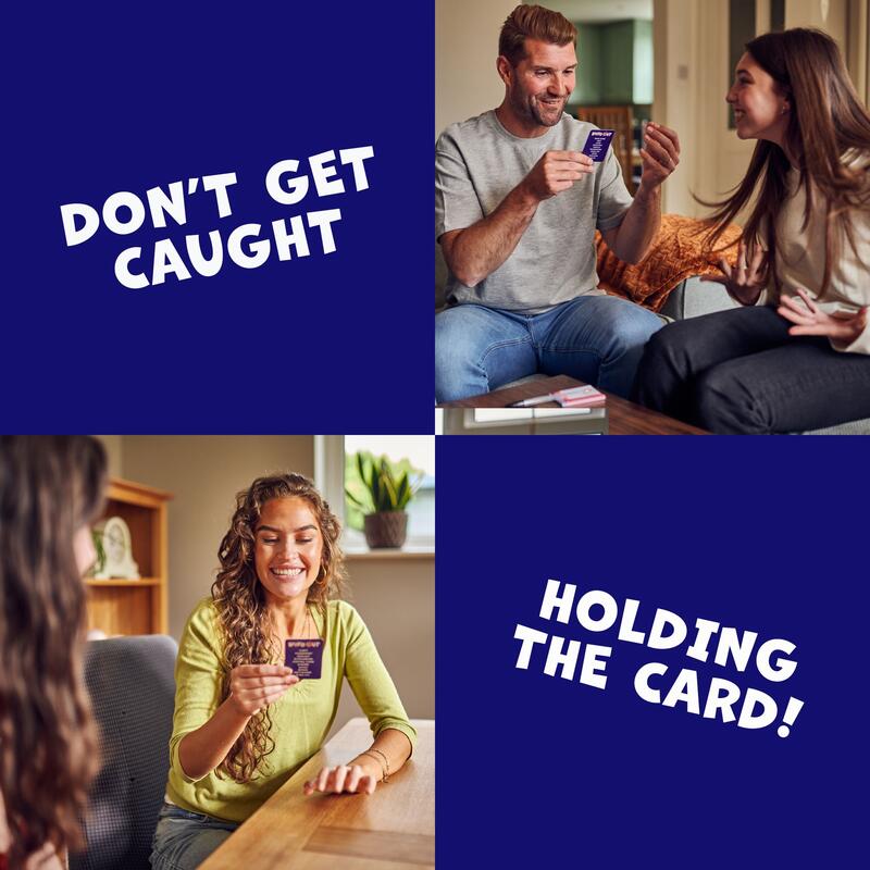 Collage: Two pairs of smiling people play a card game, each holding a dark card. Text: 'DON'T GET CAUGHT' & 'HOLDING THE CARD!'.