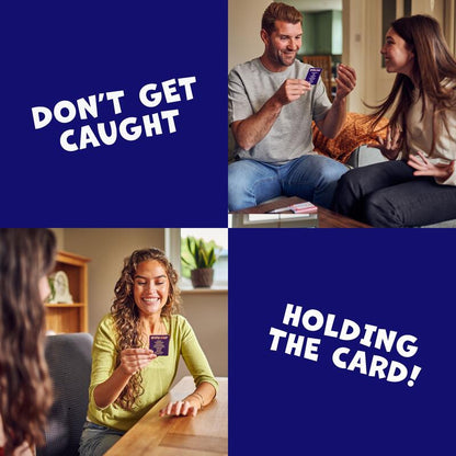 Collage: Two pairs of smiling people play a card game, each holding a dark card. Text: 'DON'T GET CAUGHT' & 'HOLDING THE CARD!'.