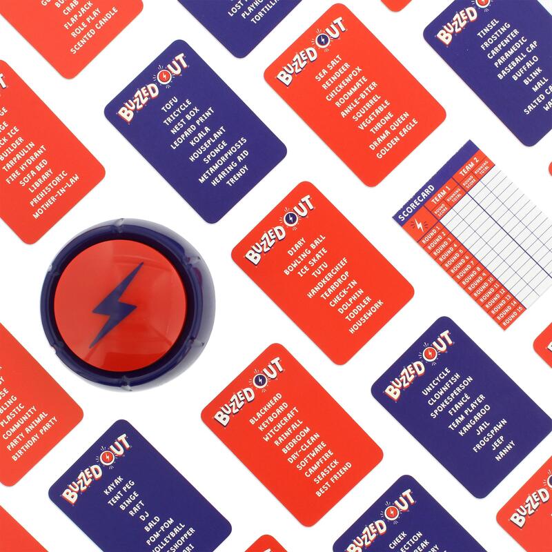 A Buzzed Out game laid out: a red lightning bolt buzzer surrounded by red and blue word cards and a scorecard.