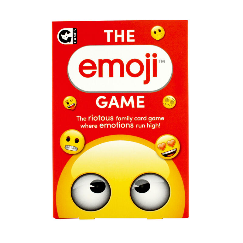 The Emoji Game card game for families featuring smiling and expressive emojis on a red box