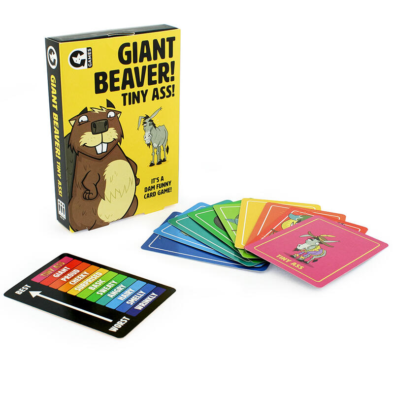 Giant Beaver! Tiny Ass! game box and components including cards