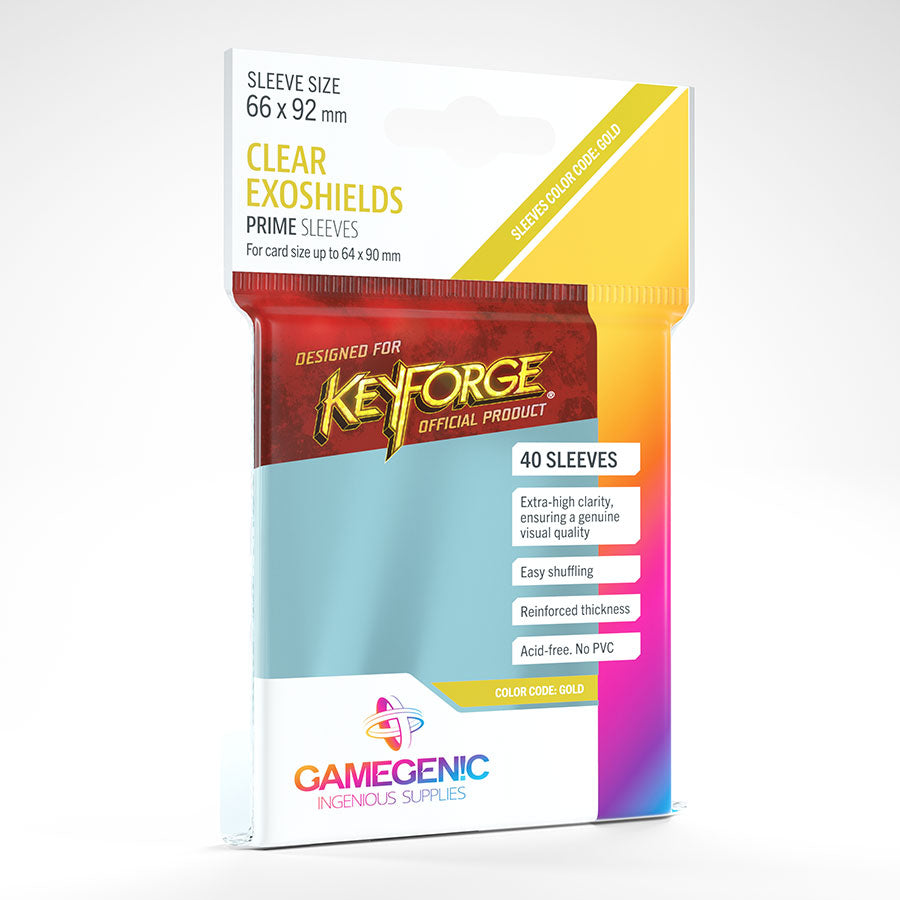 A red and blue package of 40 clear Keyforge Prime sleeves with gold accents, showing size and feature information