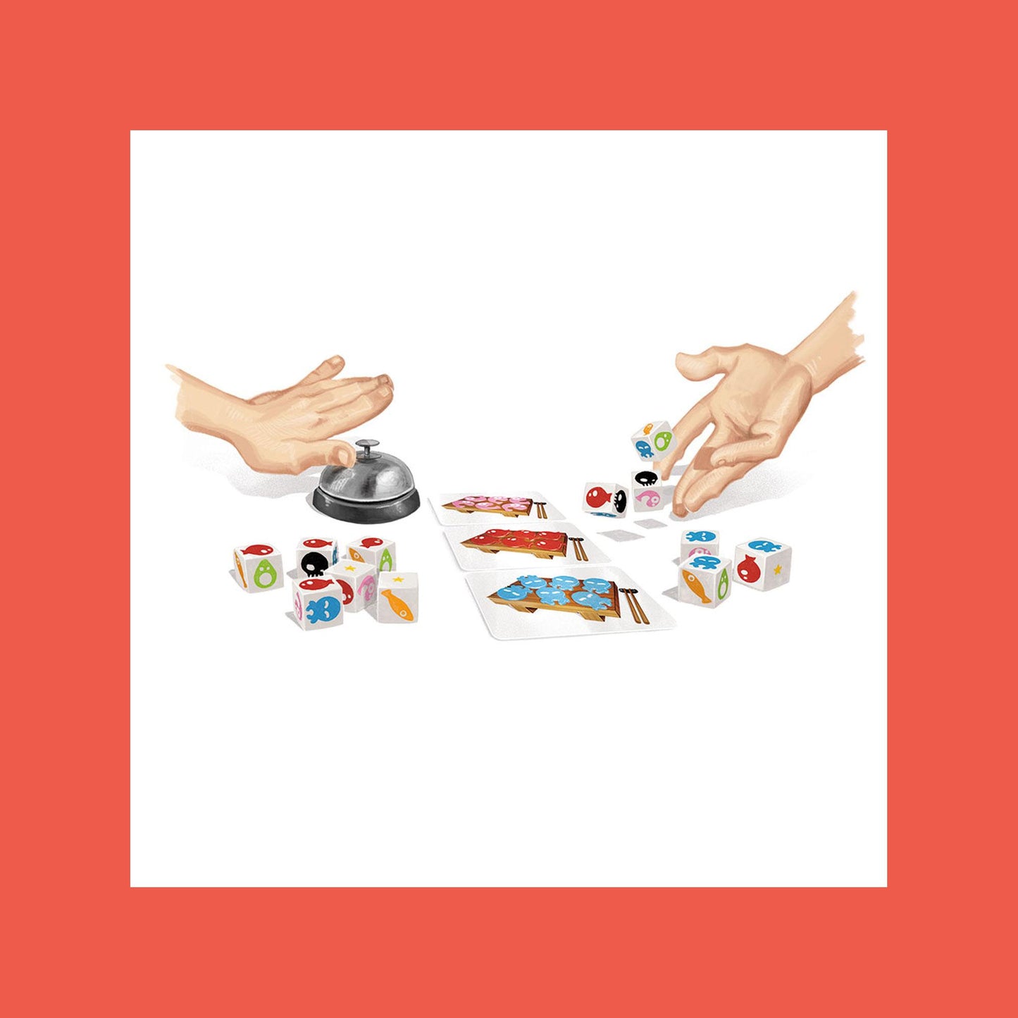 Complete Sushi Dice game components displayed, including dice, cards, and play mats