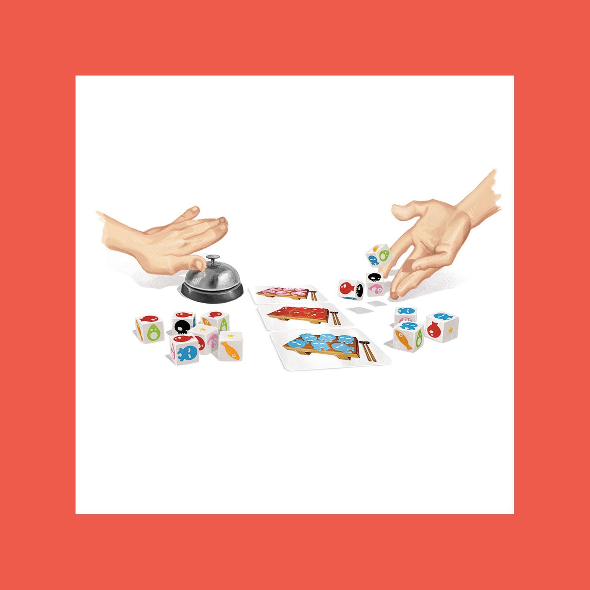 Complete Sushi Dice game components displayed, including dice, cards, and play mats