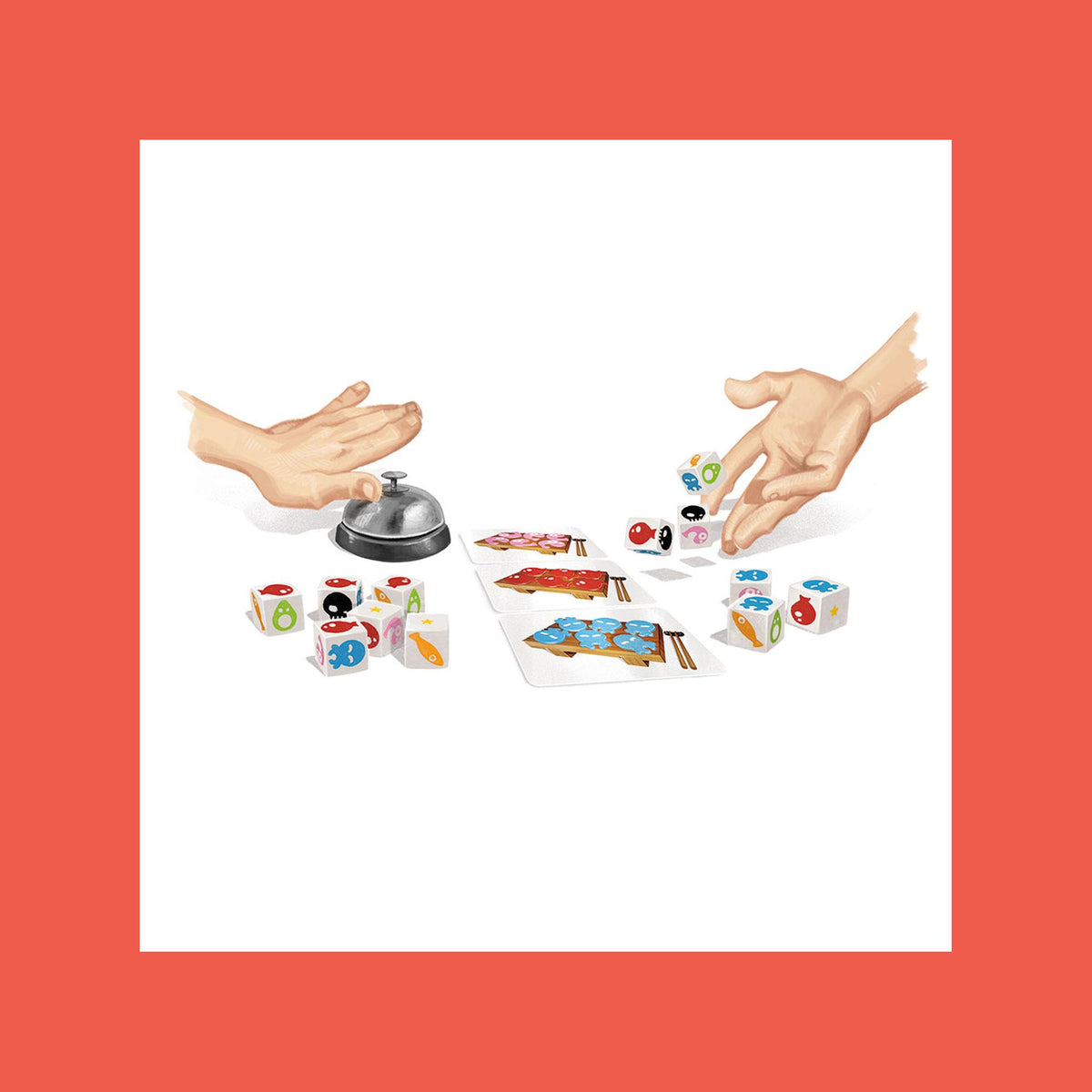 Complete Sushi Dice game components displayed, including dice, cards, and play mats