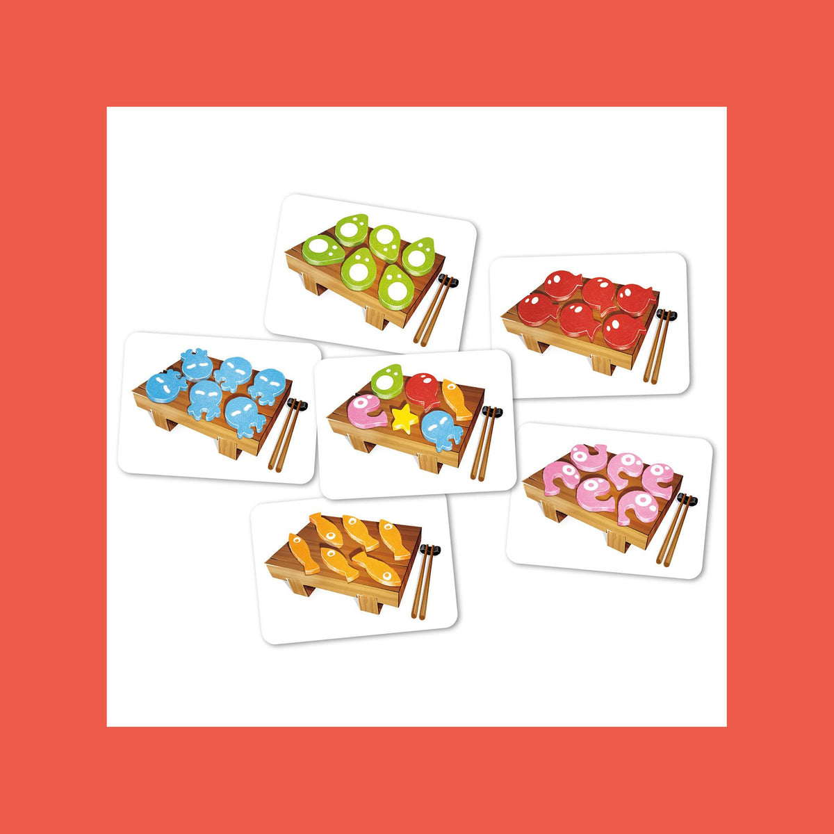 Close-up of colorful dice and sushi order cards laid out for gameplay