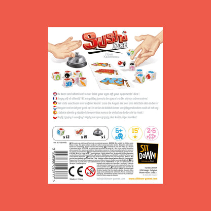 Sushi Dice box and components arranged for display with sushi-themed visuals