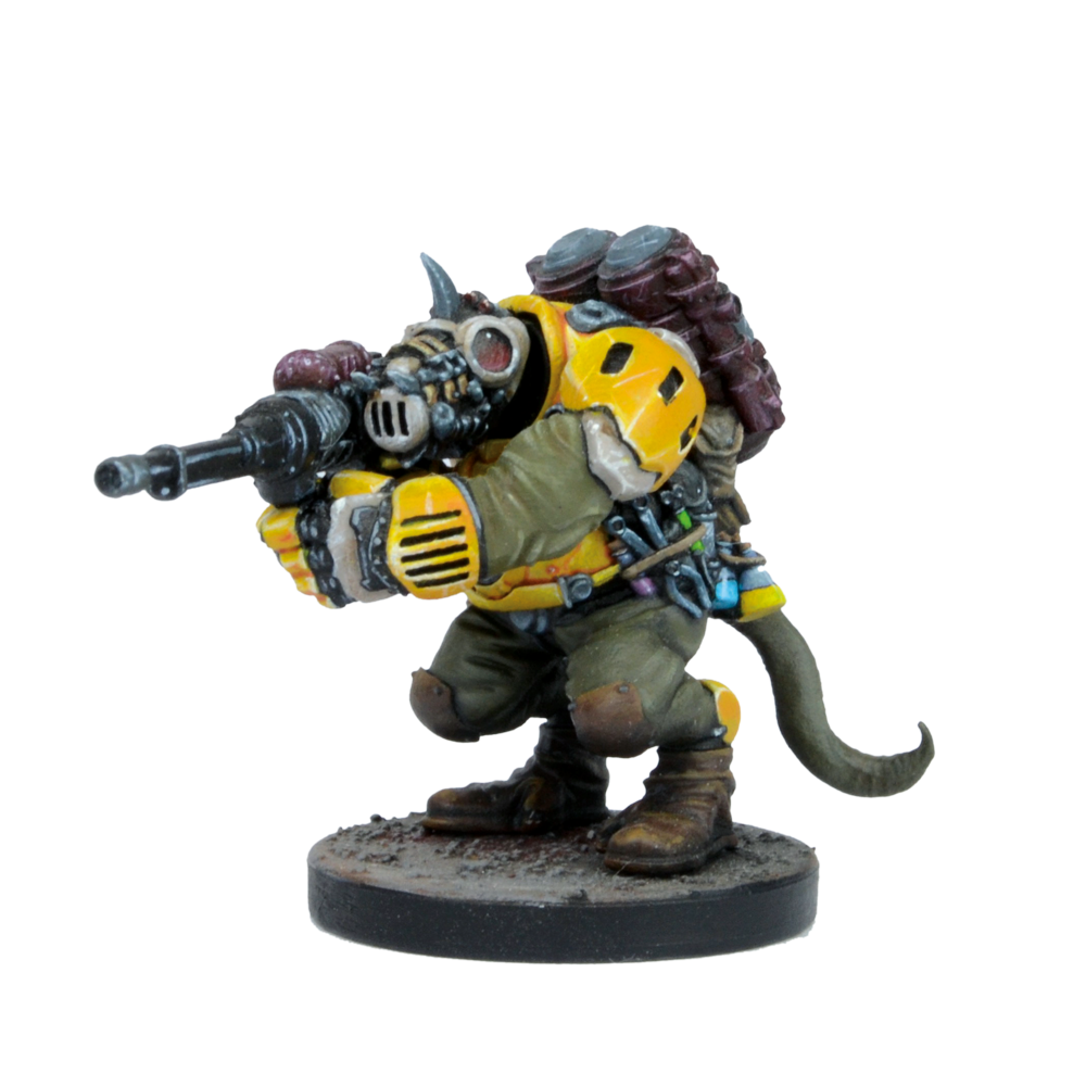 A crouched, armored rat-like miniature in yellow plating and a gas mask, aiming a rifle, It has a tail