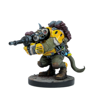 A crouched, armored rat-like miniature in yellow plating and a gas mask, aiming a rifle, It has a tail