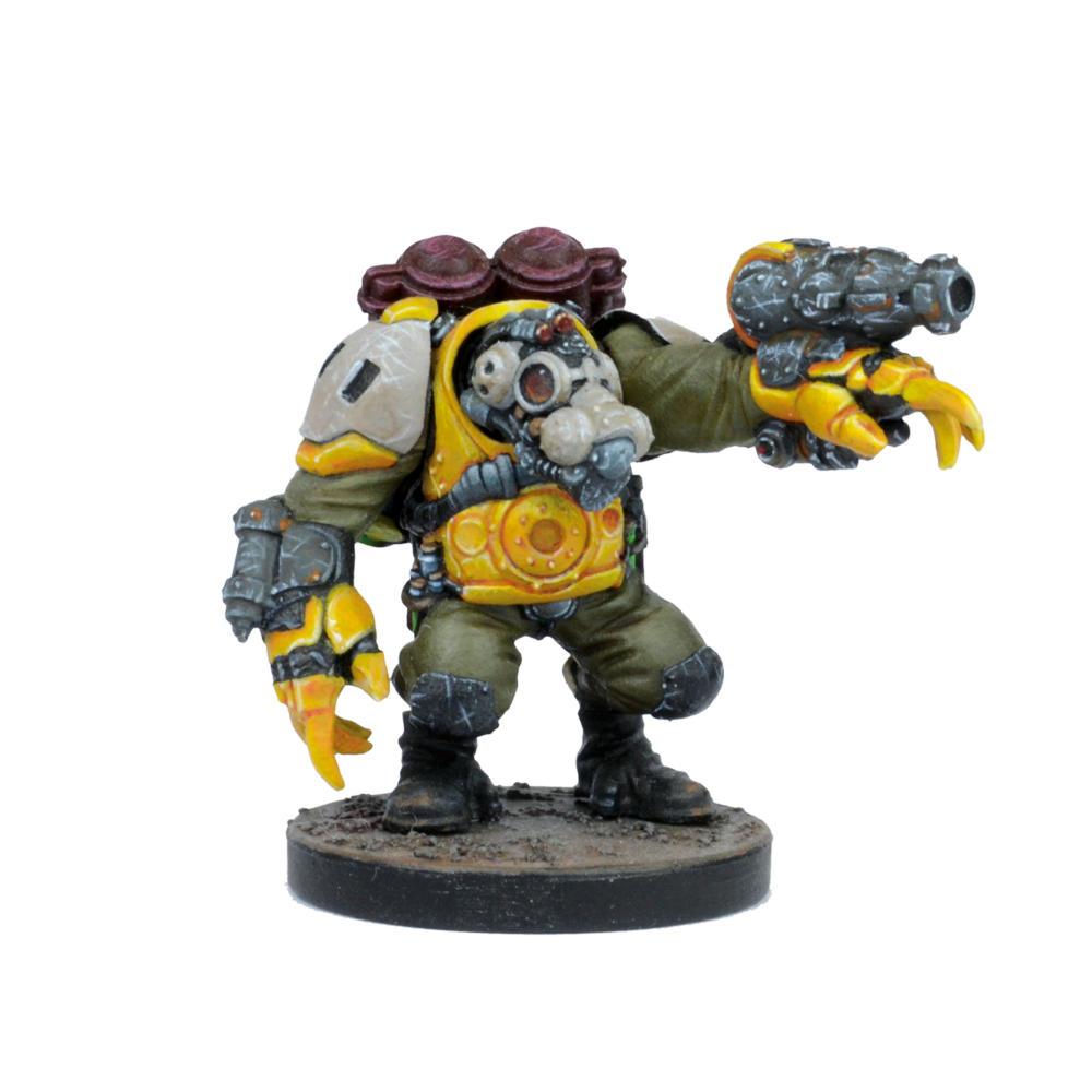 A painted sci-fi miniature of a bulky figure in yellow armor with a gas mask, holding a blaster and a claw