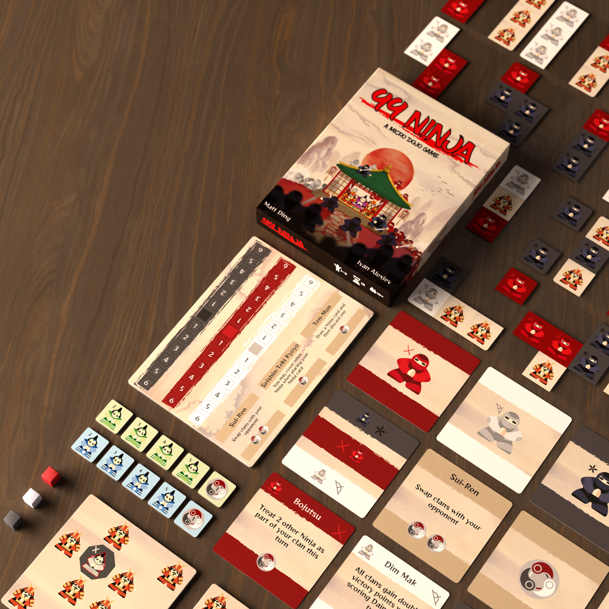 99 Ninja micro-game components spread on a wood table: box, scoring board, and many colorful ninja and samurai cards/tiles