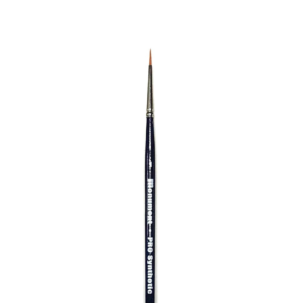 A thin, pointed Monument Hobbies PRO Synthetic 1 round paint brush with brown bristles and a dark handle