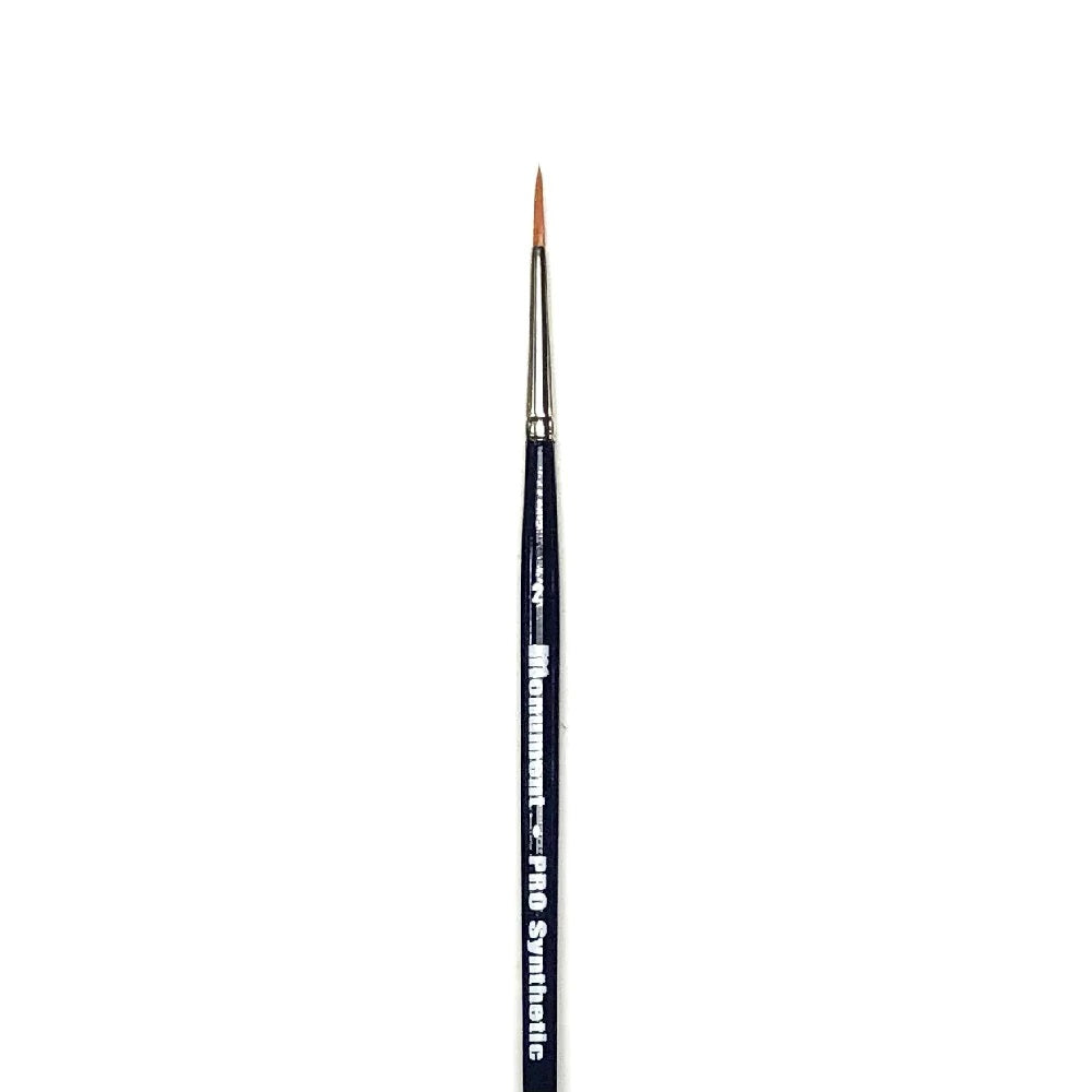 A thin art brush with a black handle, silver ferrule, and pointed brown synthetic bristles